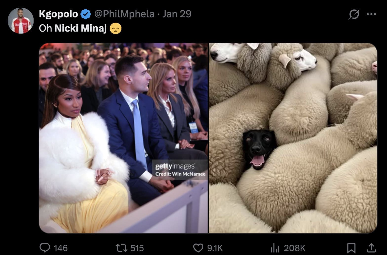 A Nicki Minaj Trump meme comparing Nicki Minaj sitting in a crowd of white politicians to a black dog surrounded by a flock of white sheep.