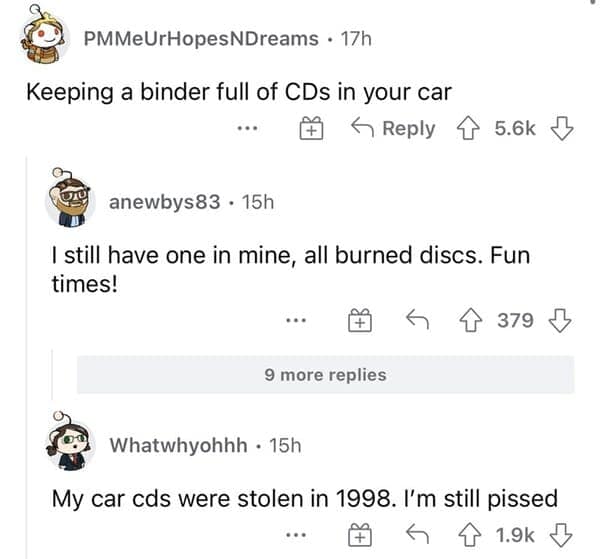 A Reddit comment regarding keeping a massive binder full of CDs in the car being normal in the 90s.