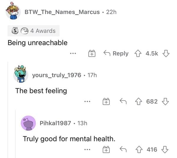 A Reddit comment about being completely unreachable and it being good for mental health normal in the 90s.