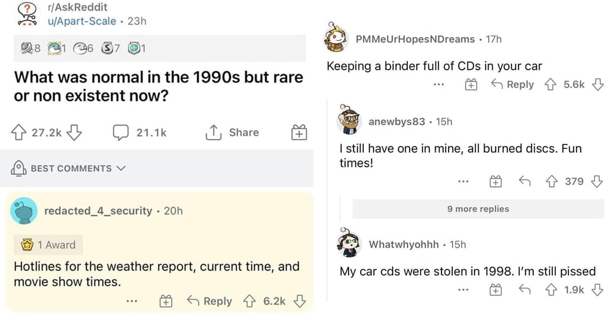 Collection of normal in the 90s Reddit comments about CD binders, pay phones, and MoviePhone