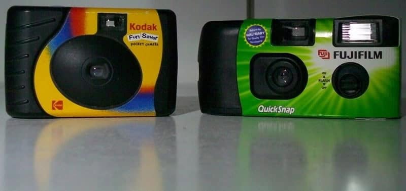 A nostalgic pic showing a Kodak Fun Saver and a Fujifilm QuickSnap disposable camera side by side.