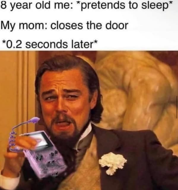 A funny meme showing Leonardo DiCaprio toasting with a Gameboy after pretending to sleep