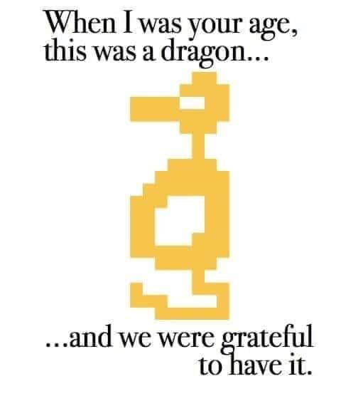 A nostalgia meme showing the pixelated dragon from the Atari game Adventure with text about being grateful for it.