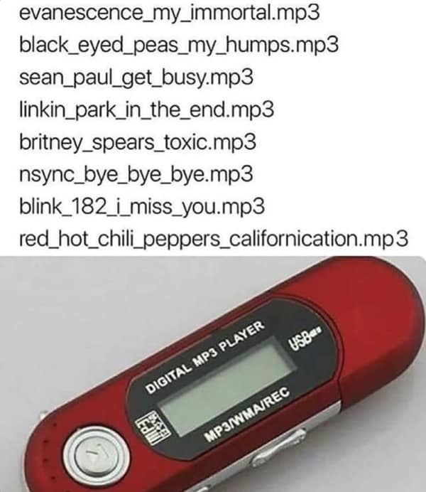 A red MP3 player listing classic 2000s songs like Numb by Linkin Park and Toxic by Britney Spears.
