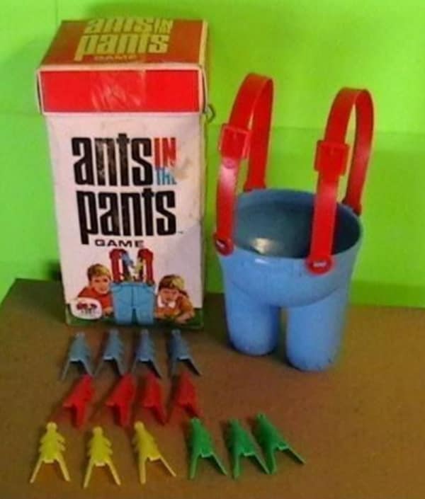 A photo of the vintage board game Ants in the Pants with plastic pants and ant pieces.