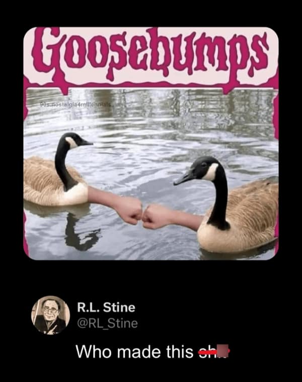 A funny edit of the Goosebumps logo showing two geese fist bumping each other.