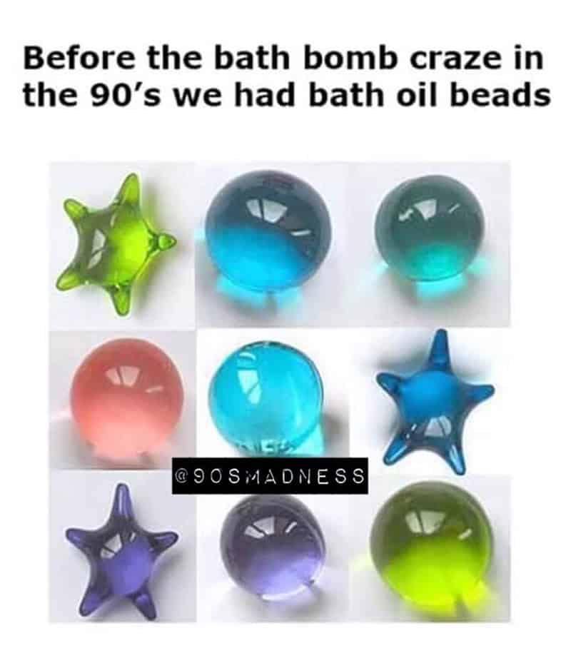 A nostalgia meme comparing 90s bath oil beads in star and sphere shapes to modern bath bombs.