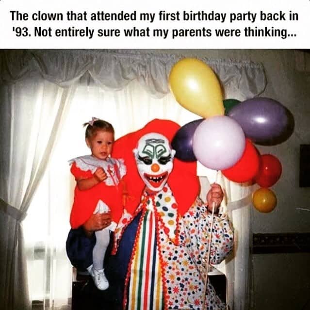 A nostalgia meme photo of a terrified toddler being held by a terrifying clown at a birthday party in 1993.