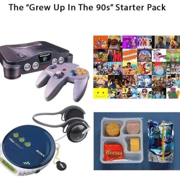 A starter pack meme for growing up in the 90s featuring N64 Lunchables and cartoons.