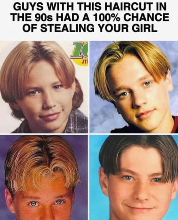A collage of 90s heartthrobs like Jonathan Taylor Thomas with the curtain haircut.