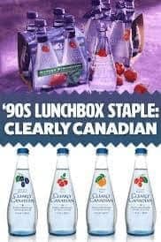 A group of Clearly Canadian sparkling water bottles representing a nostalgic snack drink staple of the 90s.