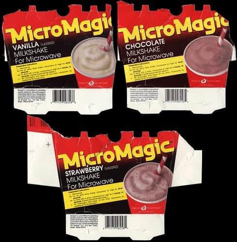 Packaging for MicroMagic Milkshakes in vanilla, chocolate, and strawberry flavors.