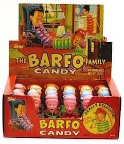 A display box of The Barfo Family accordion candy containers representing gross-out retro junk food.