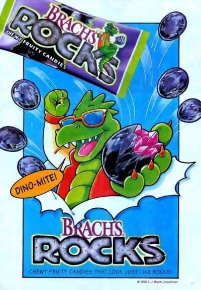 An advertisement for Brach's Rocks chewy fruity candies featuring a dinosaur mascot
