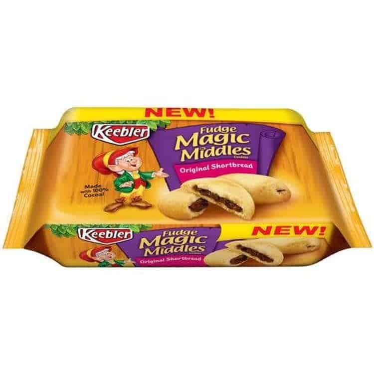 A package of Keebler Fudge Magic Middles shortbread cookies with a fudge center.