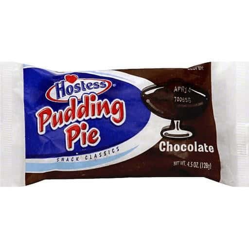 A wrapper for a Hostess Chocolate Pudding Pie representing discontinued retro junk food.
