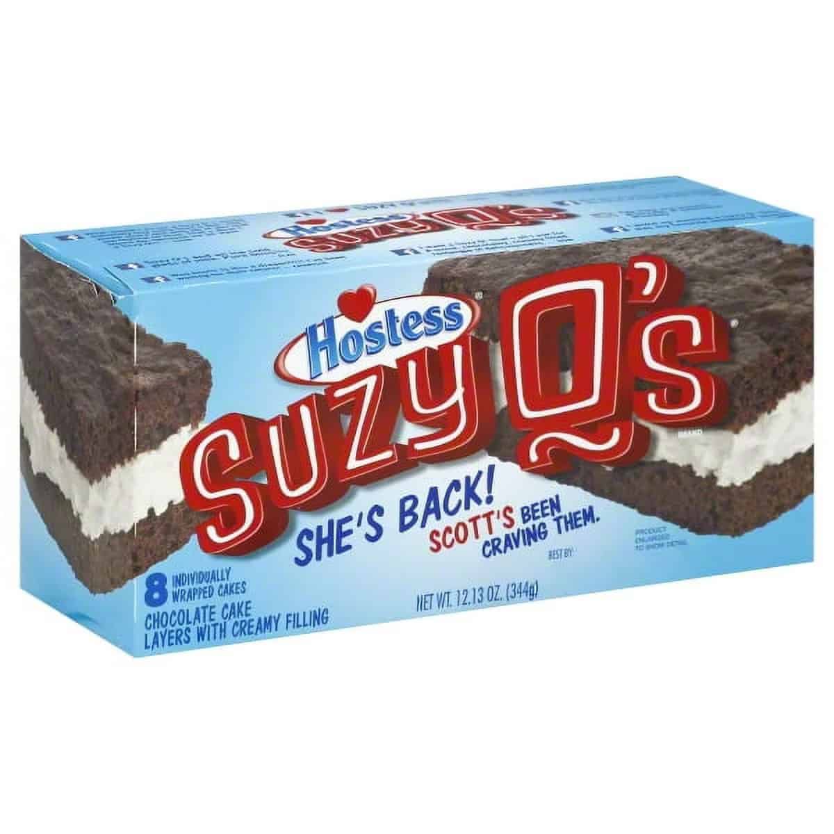 A box of Hostess Suzy Q's chocolate cake layers with creamy filling.