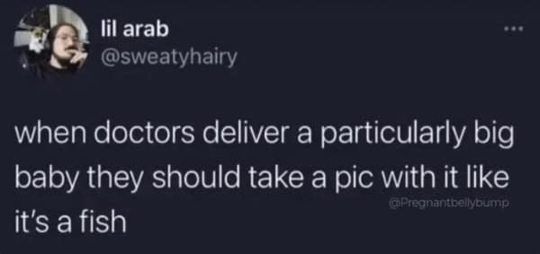 A funny parenting meme tweet joking about doctors taking photos of large newborn babies like fishermen with a catch