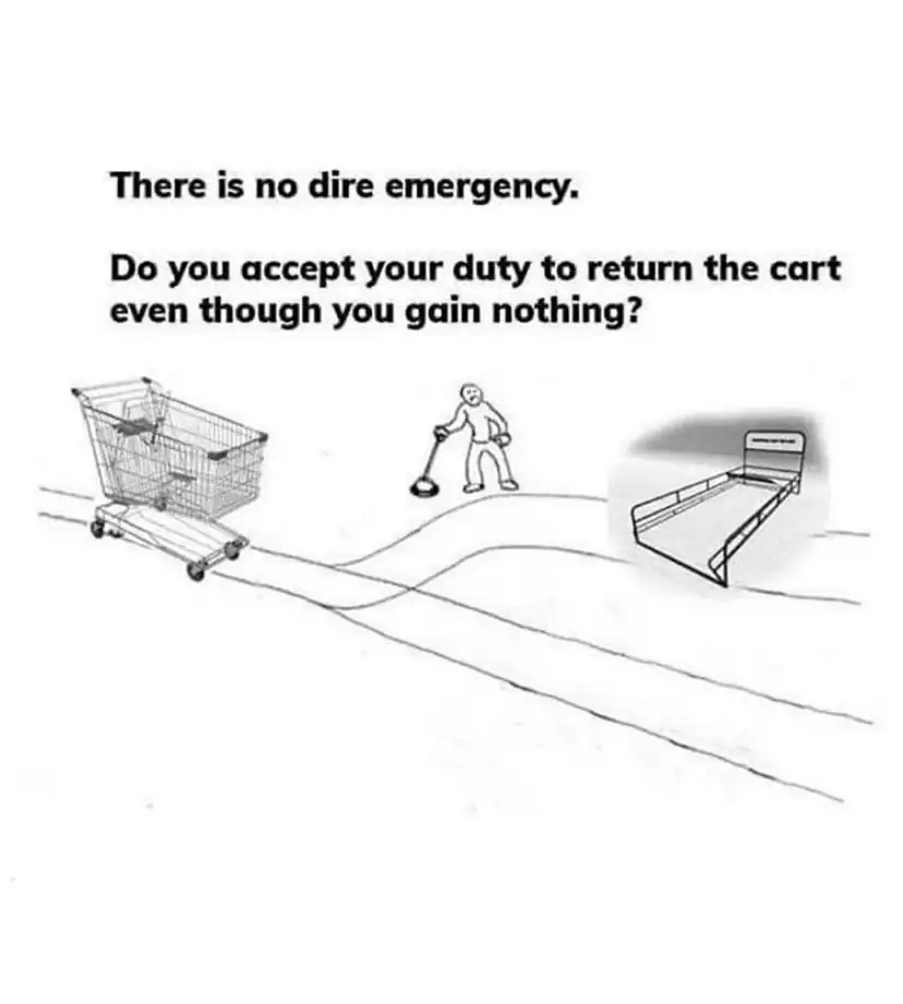 A philosophical meme combining the trolley problem with the shopping cart theory of morality.