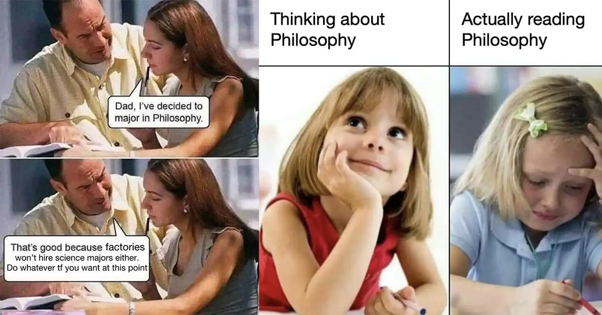 Collection of philosophy meme images and funny memes about philosophy including the shopping cart trolley problem and Philomena Cunk