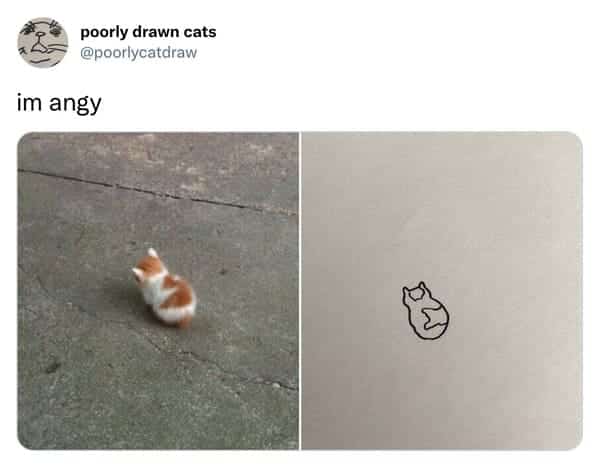 Tiny kitten walking away angrily compared to a simple line drawing caricature.