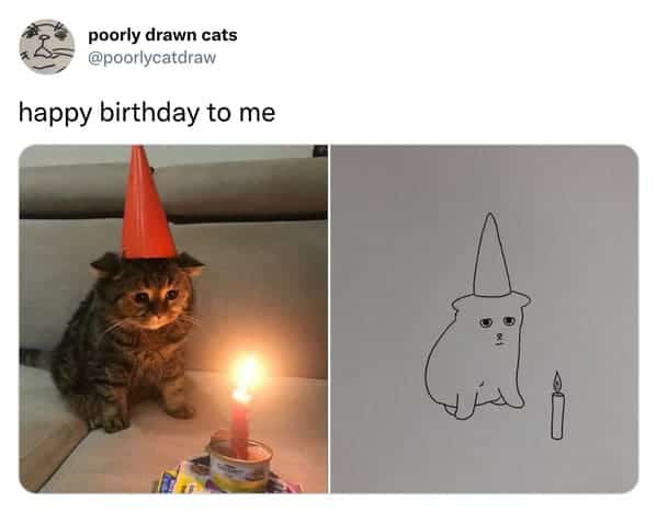 Sad tabby cat wearing a party hat staring at a lit candle in food.