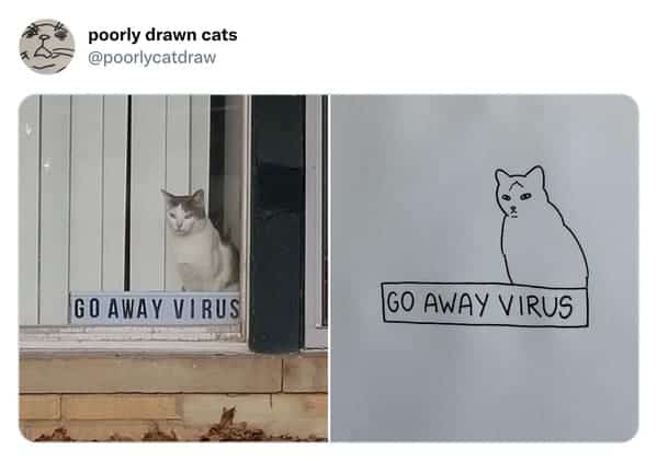 Cat sitting in a window next to a sign telling a virus to go away.
