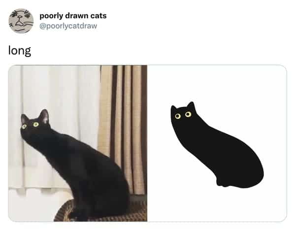 Black cat stretching its neck to appear incredibly long and tube shaped.