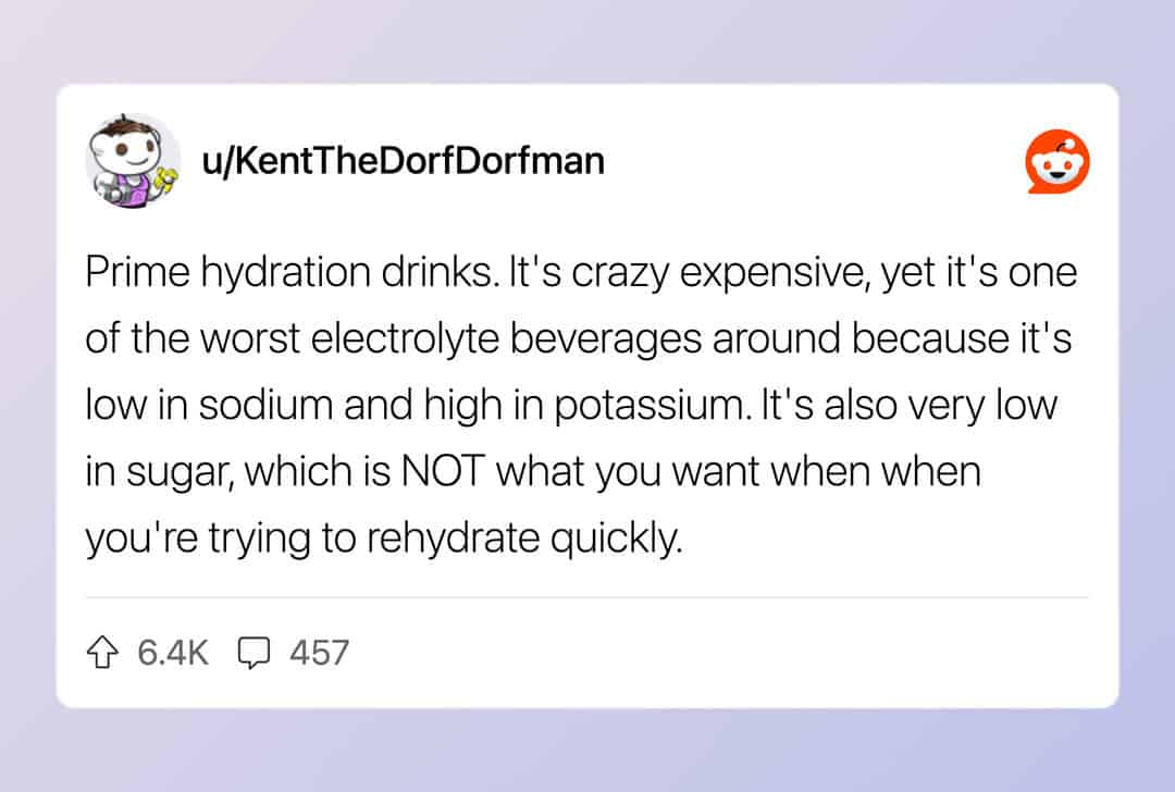 Reddit post critiquing Prime hydration drinks for poor electrolyte balance and high price.