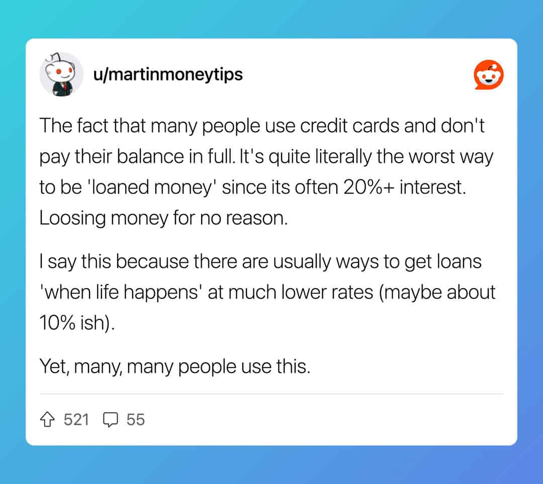 Reddit finance tip warning against carrying credit card balances and paying high interest.