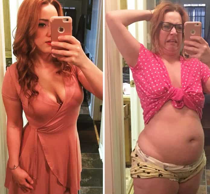 Mirror selfie comparison showing a glamorous dress versus a disgusted face with exposed stomach.