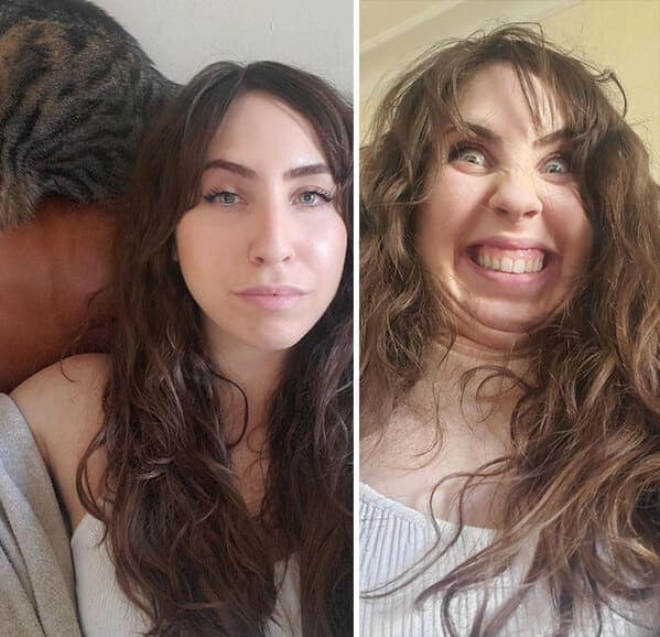 Relaxed selfie with a cat compared to a manic, teeth-gritting expression.