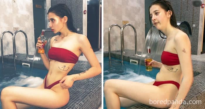 Bikini poolside photo compared to a slouched, confused posture in a spa.