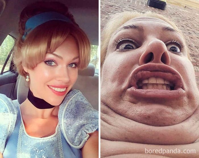 Cinderella cosplayer smiling versus a low-angle extreme double chin close-up.