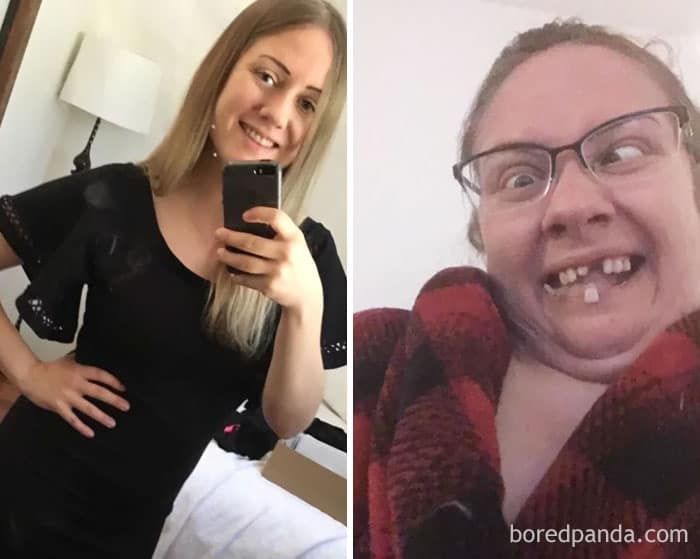 Blonde woman in black dress compared to cross-eyed, buck-toothed expression in a robe.