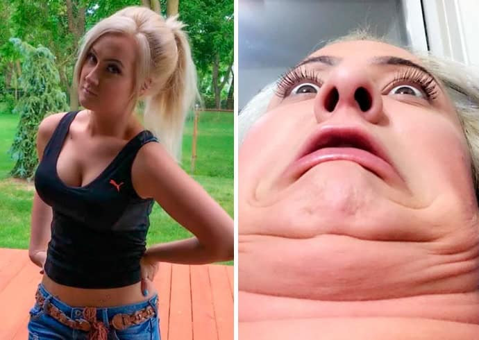 Blonde woman posing confidently versus a low-angle selfie resembling a thumb.