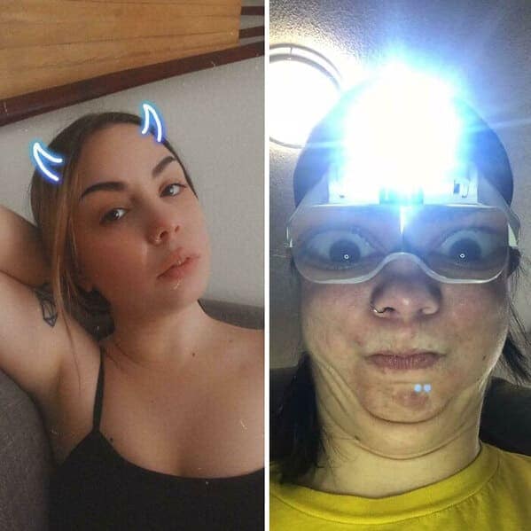 Woman with devil filter compared to distorted face wearing a headlamp magnifier.