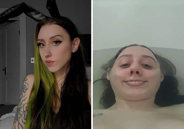E-girl with bunny ears compared to a floating head in bath water.