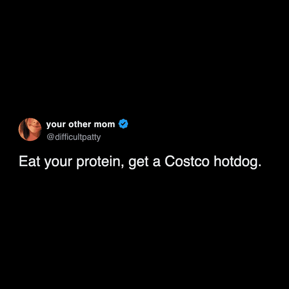 Tweet suggesting a Costco hotdog counts as eating your daily protein intake.