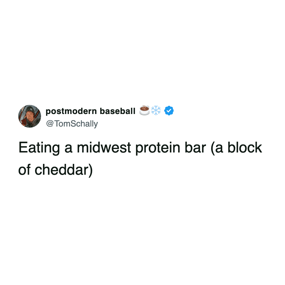 Tweet calling a block of cheddar cheese a Midwest protein bar.