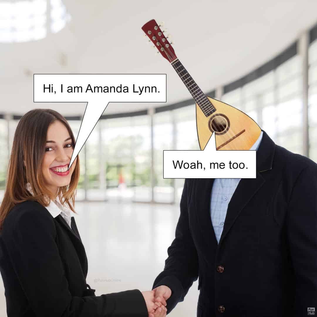 A punny meme showing a woman named Amanda Lynn meeting a man with a mandolin for a head.