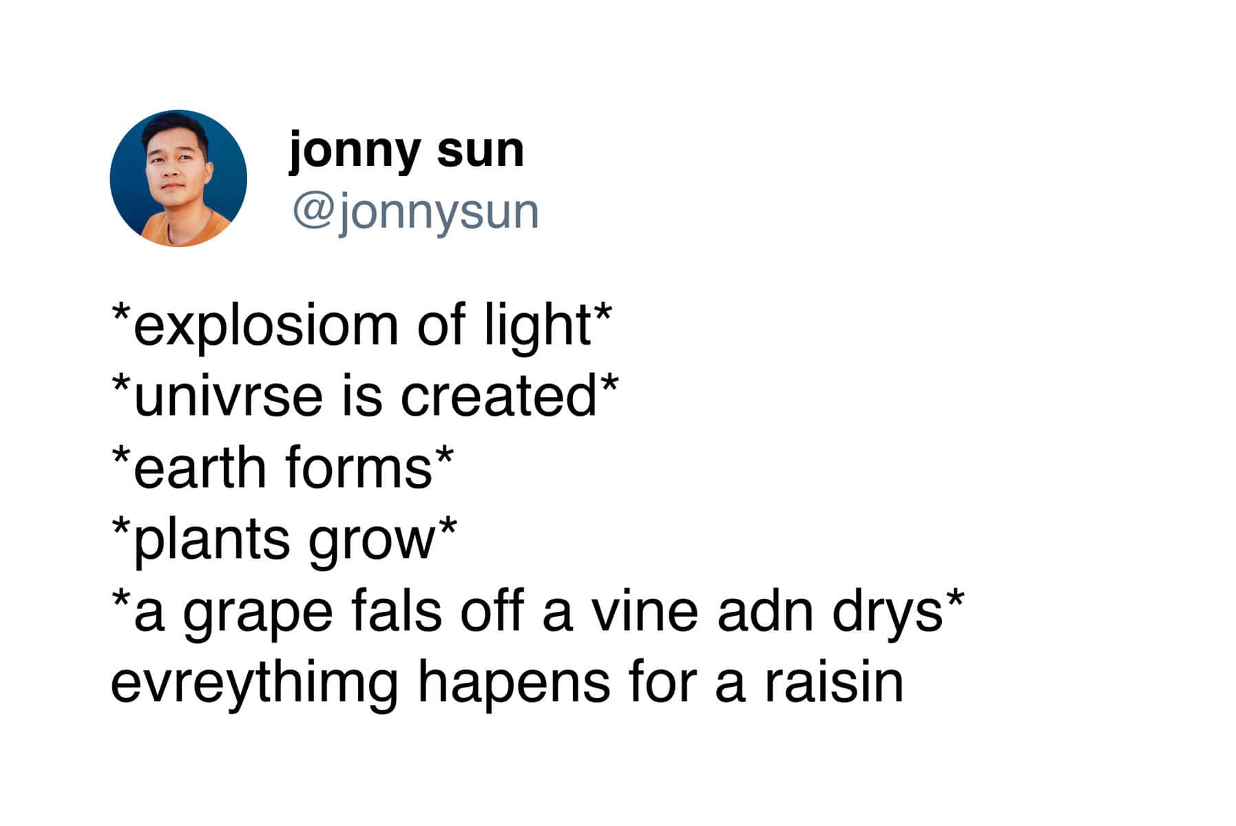 A punny meme tweet by @jonnysun explaining that the universe was created so a grape could dry out because everything happens for a "raisin."