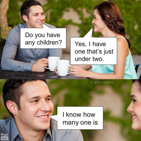 A punny meme showing a man with the number one physically under the number two.