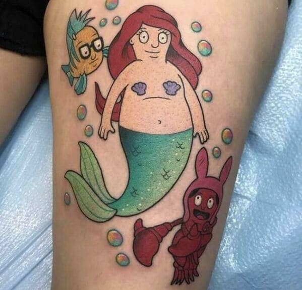 Bob's Burgers characters as The Little Mermaid cast mashup tattoo questionable tattoos.