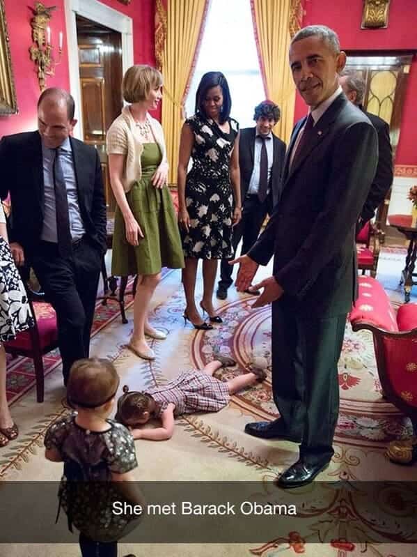 Little girl throwing a tantrum face down on the White House carpet while Obama watches.