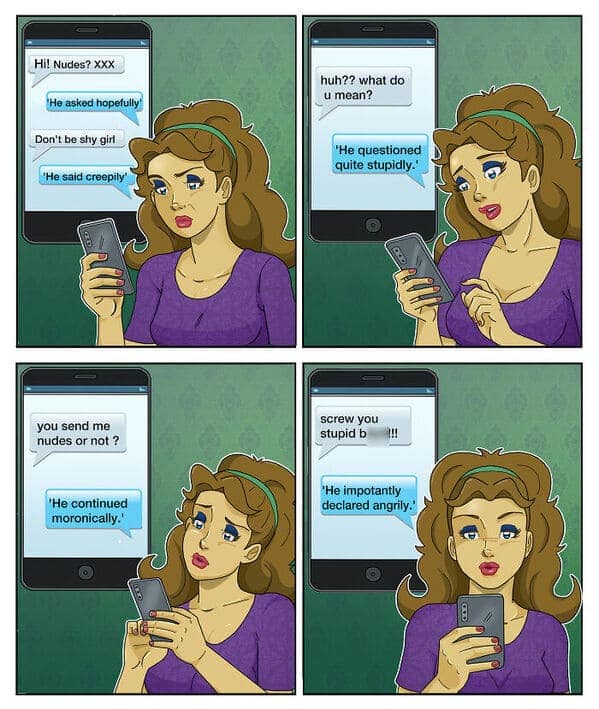 A relatable comic by Eric Salinas comic where Celeste narrates her replies to a creepy text message exchange.