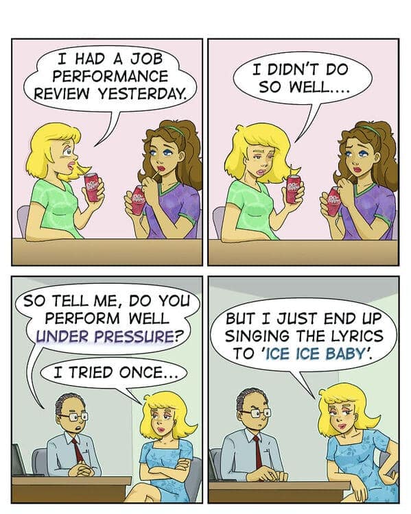 A relatable comic where Celeste sings Ice Ice Baby during a performance review about pressure.