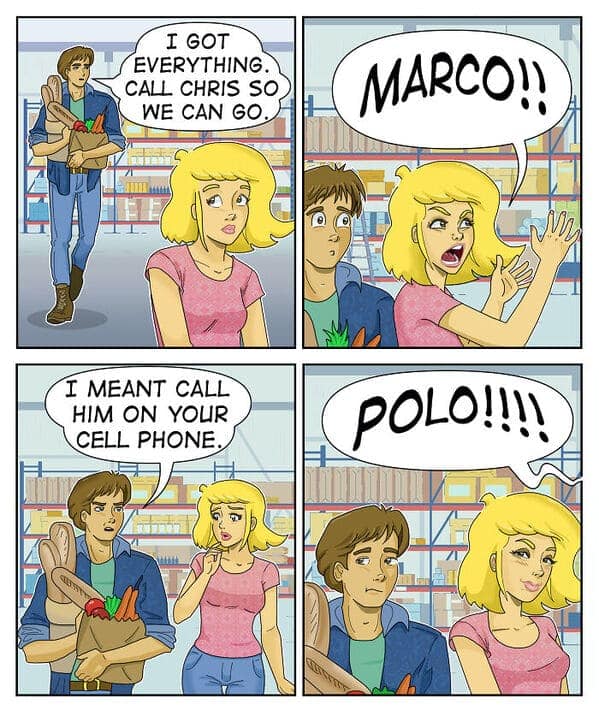 A relatable comic where Celeste yells Marco in a store instead of using her phone to call someone.