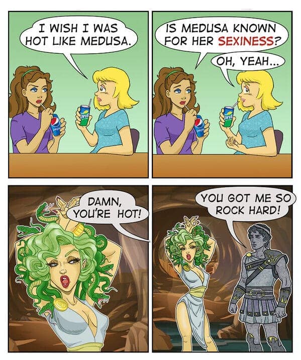 An Eric Salinas comic joking about Medusa making men rock hard literally instead of sexually.