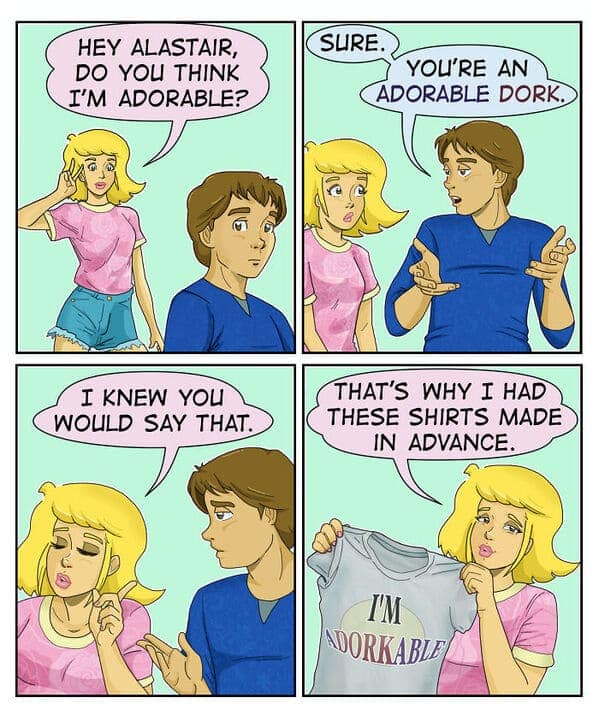 A relatable comic where Celeste reveals a custom shirt combining adorable and dork.